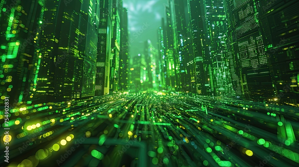 Poster green technology-themed image of a virtual server network, organic data structure design resembling 