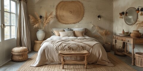 Boho Scandinavian style in farmhouse interior. Beige bedroom with natural wooden furniture.