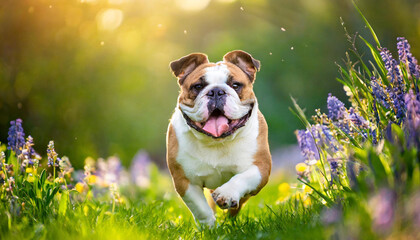 A dog bulldog with a happy face runs through the colorful lush spring green grass