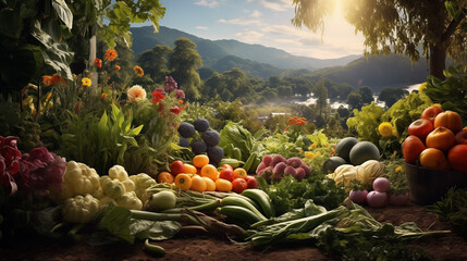 Fresh and organic vegetables in garden. Assortment of fresh fruits and vegetables. Composition with assorted raw organic vegetables. Detox diet. Harvest of fresh carrot, beetroot and potato in garden - obrazy, fototapety, plakaty