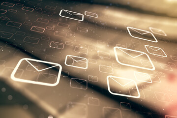 Abstract virtual postal envelopes sketch on shiny metal background, e-mail and marketing concept. Double exposure