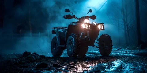 Fotobehang Monster truck drives through the rocky mountains with big wheels and shining headlights on dark fog with spotlight background    © Faiza