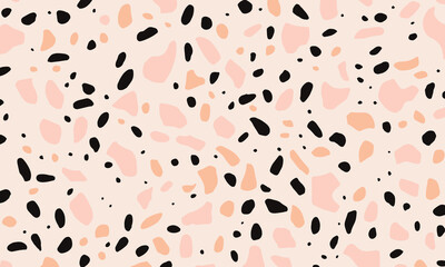 Terrazzo Pattern Has a Pastel Pink, Peach and Black Colour Palette With a White Background and Simple Shapes. The Artwork Is in the Style of Simple Shapes and a Terrazzo Pattern With a Pastel Pink
