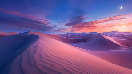 Generative AI, Dunes at Dusk: The Sahara's Serene Sunset Majesty - obrazy, fototapety, plakaty
