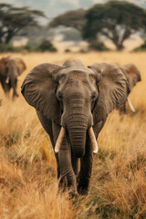 Naklejka premium Majestic African Elephant Leading Herd in Golden Savannah Banner