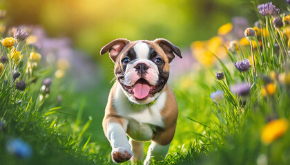 A dog bulldog puppy with a happy face runs through the colorful lush spring green grass - Powered by Adobe