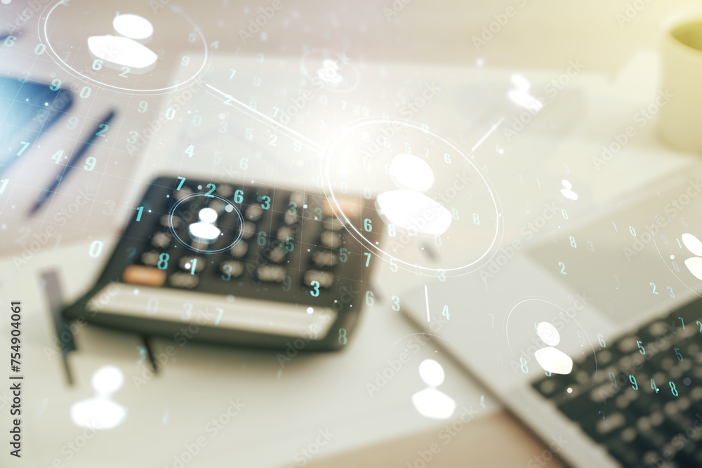 Aufkleber double exposure of abstract virtual social network icons on blurry calculator with laptop background