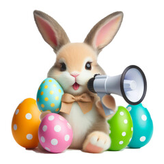 A festive scene with a cute plush bunny surrounded by colorful Easter eggs. The bunny holds a megaphone, suggesting an announcement or call to attention. Discount concept for Easter.