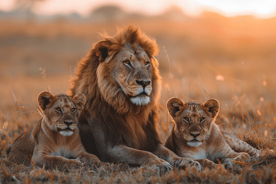 Majestic Lion and His Cubs at Sunset: A Wildlife Banner of Family Bonds