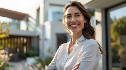 
A confident female real estate agent in America stands outside a contemporary house, projecting competence and friendliness, prepared to help prospective home buyers.