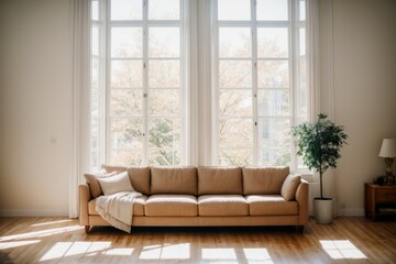 Warm loveseat situated in a room filled with sunlight from tall windows and stylish decor  - obrazy, fototapety, plakaty