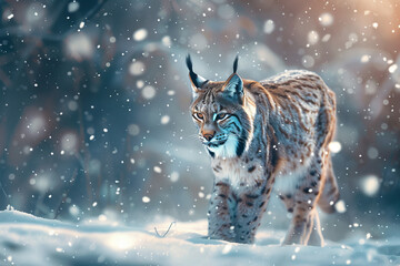 Majestic Lynx Prowling in Glistening Snowy Landscape: A Winter Wonderland Banner