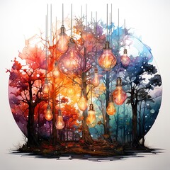 Watercolor of a colorful forest and some electric light bulbs in front.