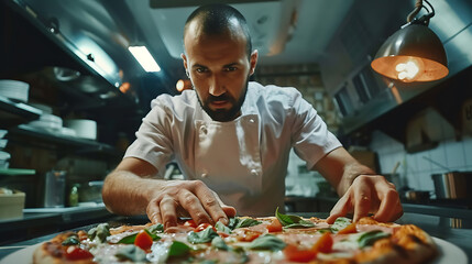 Chef putting final touches on delicious pizza in commercial pizzeria kitchen.
