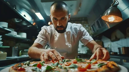 Foto op Canvas Chef putting final touches on delicious pizza in commercial pizzeria kitchen. © Creator