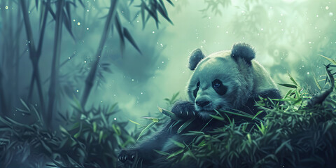Mystical Enchanted Forest Panda in Tranquil Bamboo Paradise Banner - Powered by Adobe