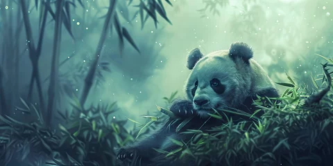 Fotobehang Mystical Enchanted Forest Panda in Tranquil Bamboo Paradise Banner © Dmitrii