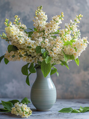 A beautiful lush bouquet of jasmine in a very small vase 