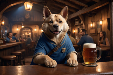 An adventurer anthropomorphic dog in a tavern