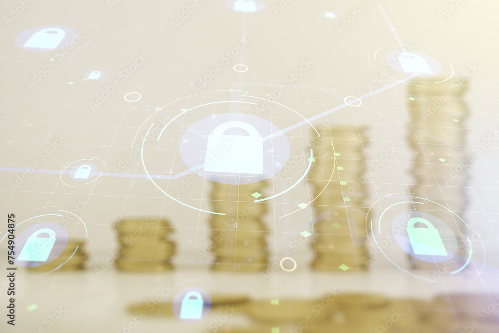 Poster double exposure of virtual creative lock hologram with chip on growing stacks of coins background. i