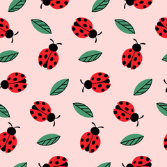 Seamless pattern ladybug flat style and leaves on pink background