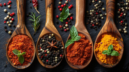 Mixed spices on spoons, closeup on graphite board. Dark slate background. Top view.