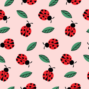 Seamless pattern ladybug flat style and leaves on pink background