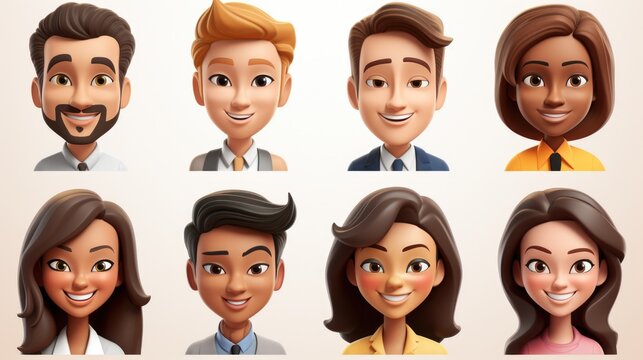 Smiling People Closeup Portrait Set Cute Cartoon Businessman Male and Female Avatars Multi-ethnic Man and Woman Faces Isolated on White Background