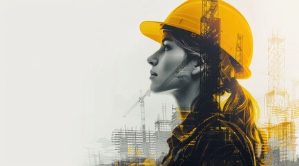 Portrait of a young construction worker woman with safety helmet letting see city buildings under construction on white background with copy space - obrazy, fototapety, plakaty