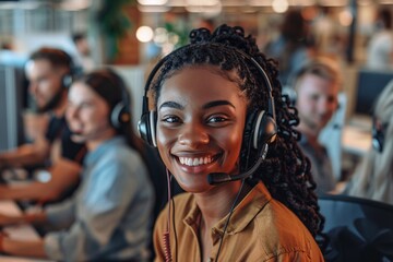 Fototapeta premium Smiling Woman in Headphones, Celebrating Women's History Month Generative AI