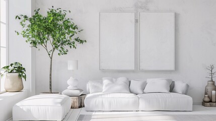 Modern Living Room with White Furniture and Greenery Generative AI
