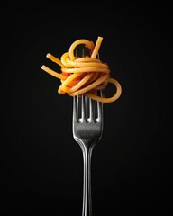 Image of Spiral-shaped Spaghetti on Fork Against Black Background printed on Printed Glass Splashbacks