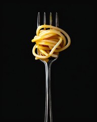 Spiral-shaped Spaghetti on Fork Against Black Background