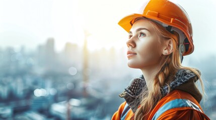 Portrait of a young construction worker woman with safety helmet letting see city buildings under construction on white background with copy space