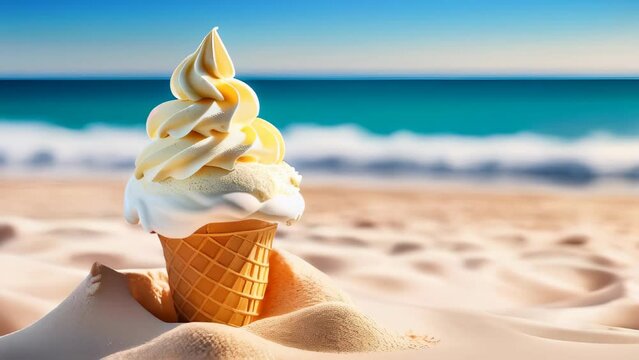 Vanilla ice cream in the sand with ocean and sunset on background. Copy space banner with a place for text on the right. Travel and summer vacation concept.