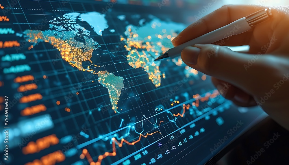 Poster visualizing economic expansion: a close-up of hand-drawn graph amidst global economic reports