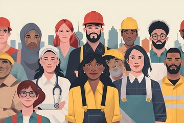 cartoon animated style multinational group of workers symbolizes labor day workforce 