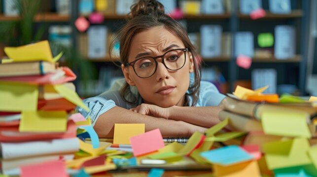 Amid Sticky Note Chaos: Overwhelmed Female Office Worker