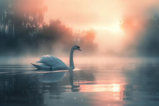 Serenity at Sunrise: A Majestic Swan Glides on Misty Waters Banner