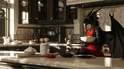 Dragon Chef - A dragon statue is sitting in a kitchen, holding a bowl of noodles, and surrounded by various kitchen items, such as a coffee maker, cups, and a spoon. Generative AI