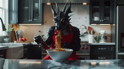 Dragon Chef - A unique and creative title that combines the dragon theme with the culinary aspect, making it an eye-catching and engaging title for the image. Generative AI - obrazy, fototapety, plakaty