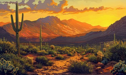 Sunset Serenade A Cactus-Filled Desert Scene Generative AI