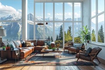 Fototapeta premium Modern Living Room with a View of the Mountains Generative AI