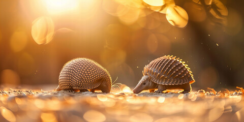 Golden Hour Encounter: Two Armadillos in Natures Dreamy Light Banner - obrazy, fototapety, plakaty