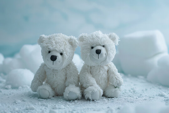 Two Adorable Plush Teddy Bears in a Winter Wonderland Scene Banner