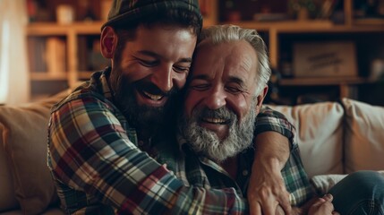 Obraz premium Adult hipster son fun hugging old senior father at home, two generations have a beard talking together and relaxing with smile, 2 man happy enjoy to living at home in father's day with love of family