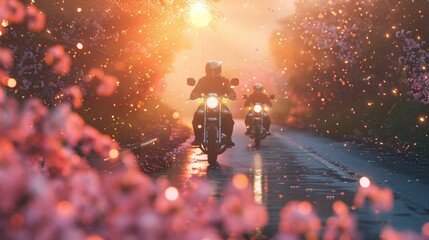 Riding the Wave of Love Two Bikers Cruise Through a Pink Flower-Filled Sunset Generative AI - obrazy, fototapety, plakaty