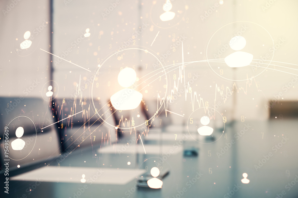 Poster double exposure of social network icons hologram on a modern boardroom background. networking concep
