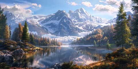 Fototapeta premium Autumn's Golden Glow A Mountainous Paradise Generative AI