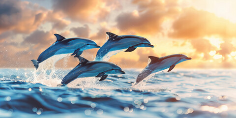 Graceful Dolphins Leaping at Sunset - Oceanic Majesty Banner Display